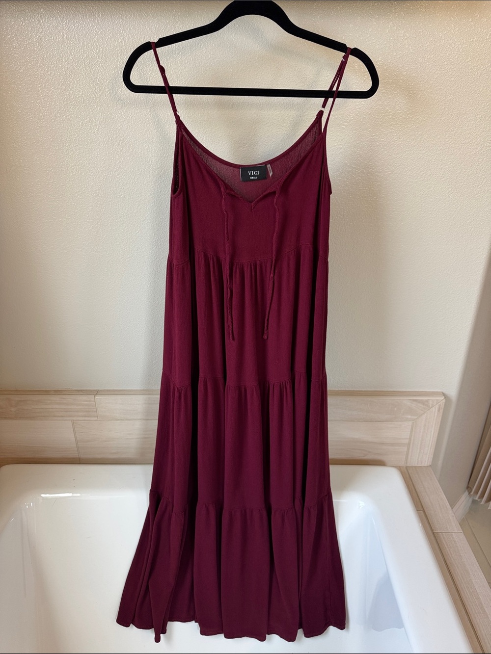 VICI Wine Red Spaghetti Strap Tiered Maxi Dress